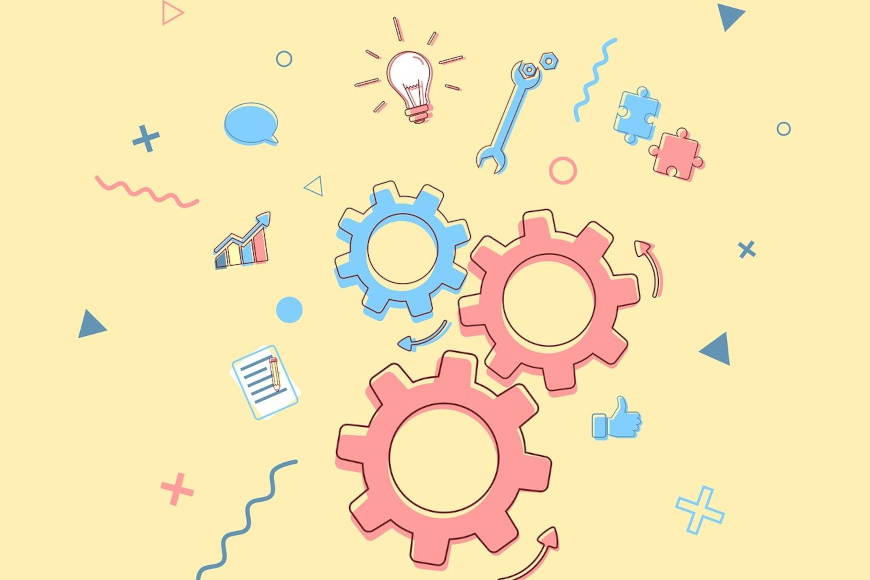 ilustracija na kojoj su zupčanici, žarulje, grafovi, alat i puzzle