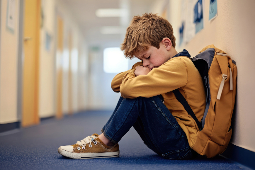 tužan dječak sjedi na podu školskog hodnika