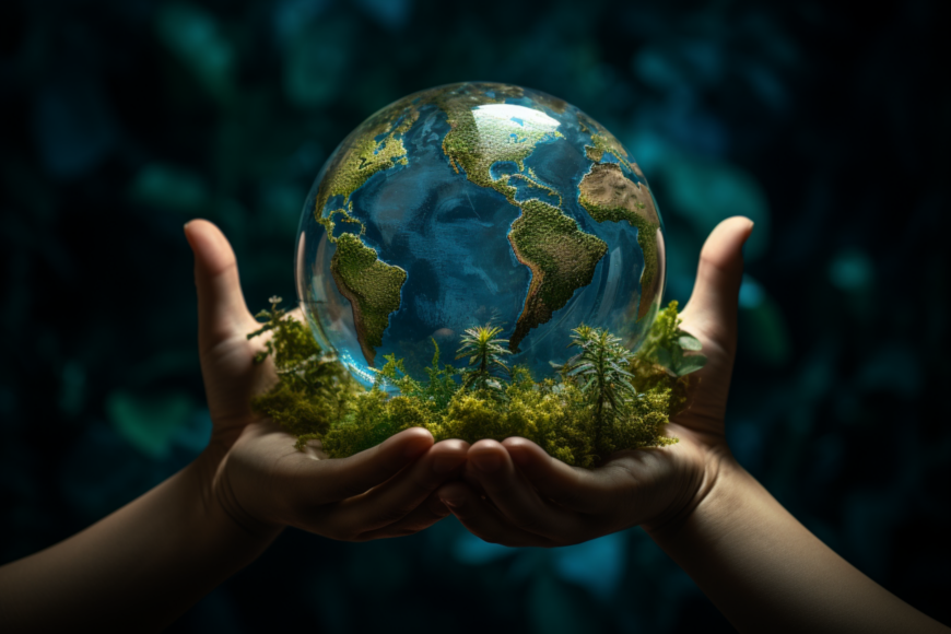 prikaz planeta Zemlje u ljudskim rukama generiran uz pomoć umjetne iteligencije