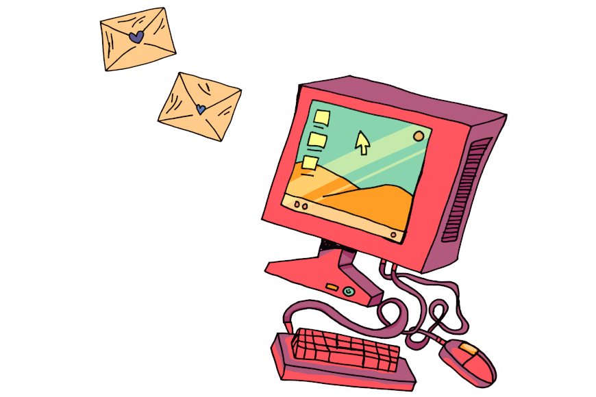 crtež računala i omotnica pisama