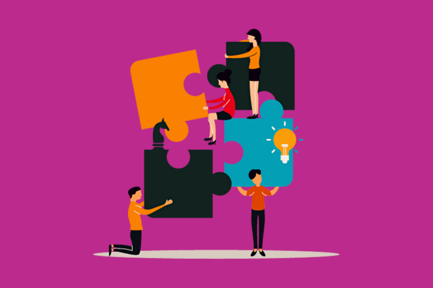 ilustracija za timski rad, prikaz ljudi koji zajednoslažu dijelove slagalice